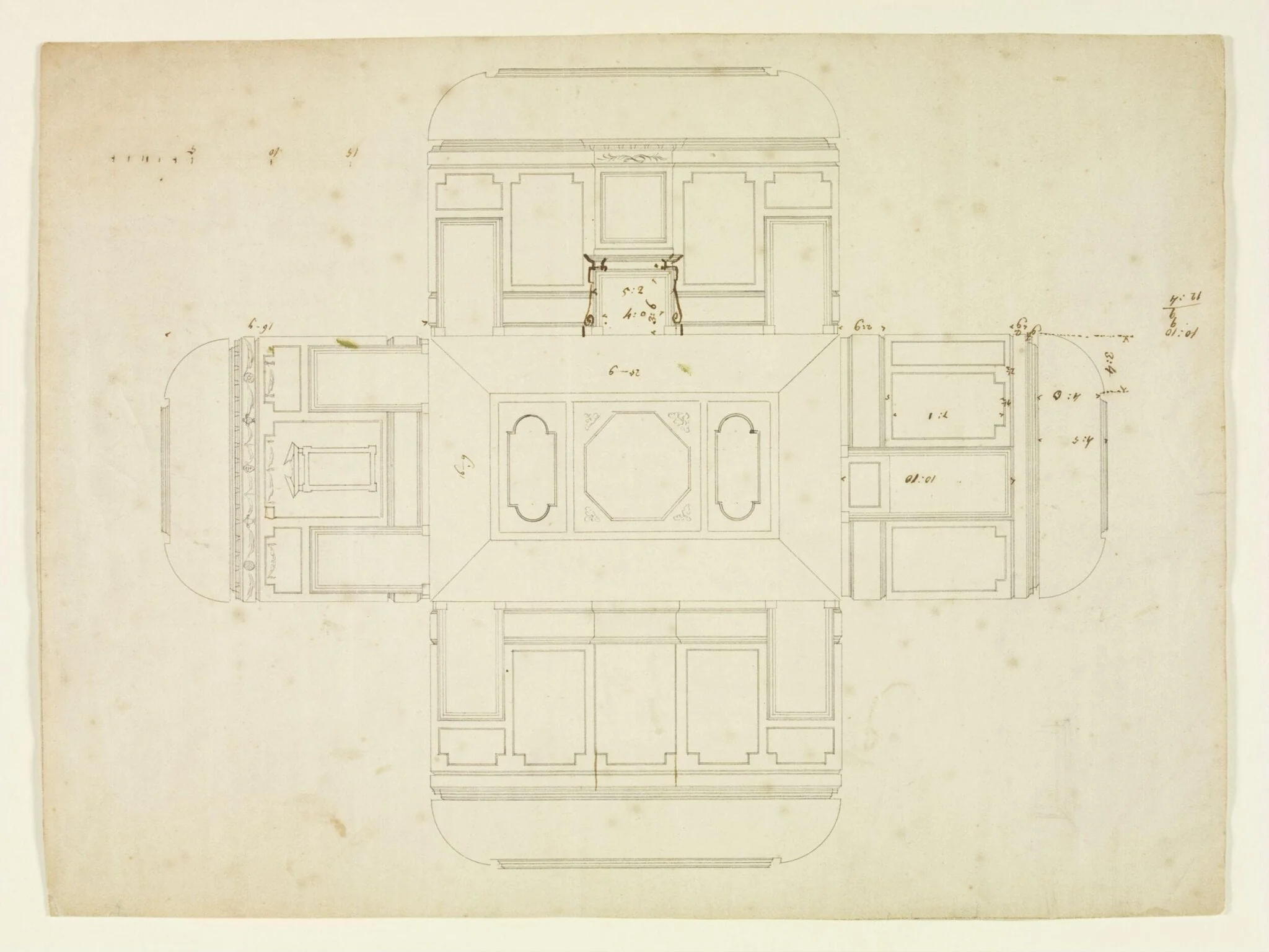 Elevations of the interior walls and a plan of the ceiling, Combe Bank