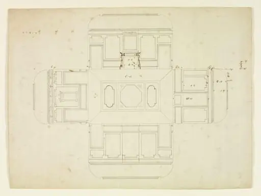 Elevations of the interior walls and a plan of the ceiling, Combe Bank