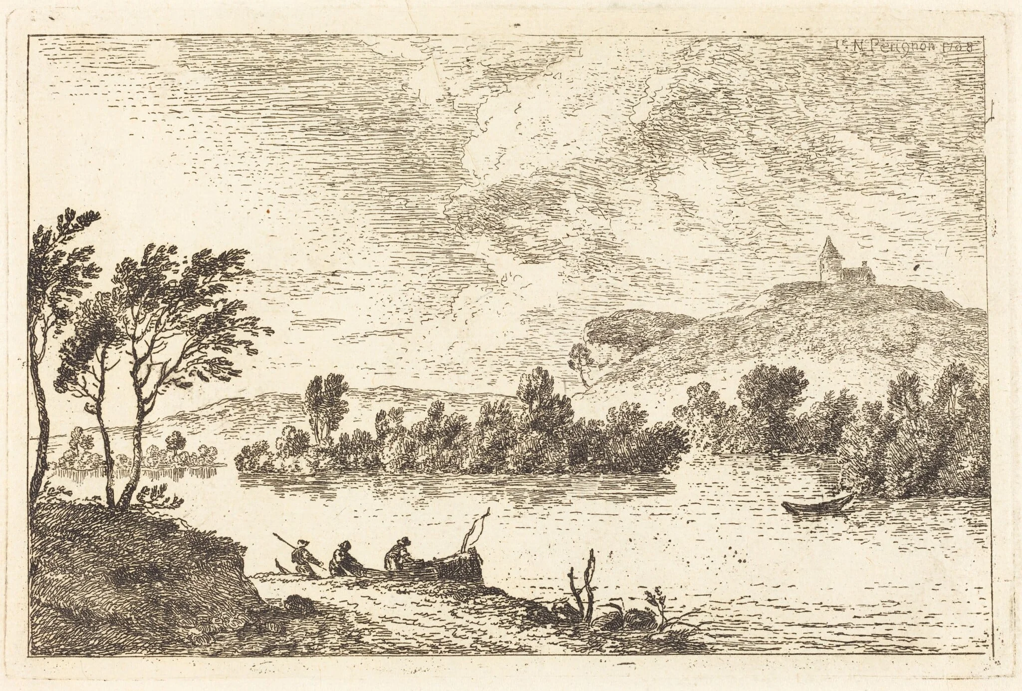 River Landscape with Figures and a Boat at Water's Edge, by Nicolas Pérignon, ink, 1768