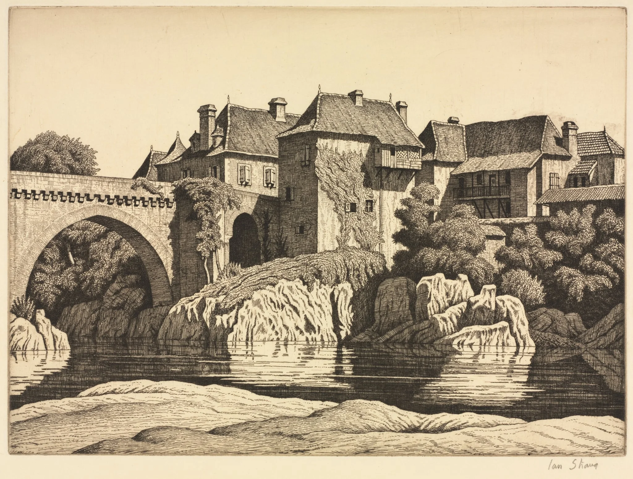 Houses by the Bridge, Orthez, by Ian Strang, 1926