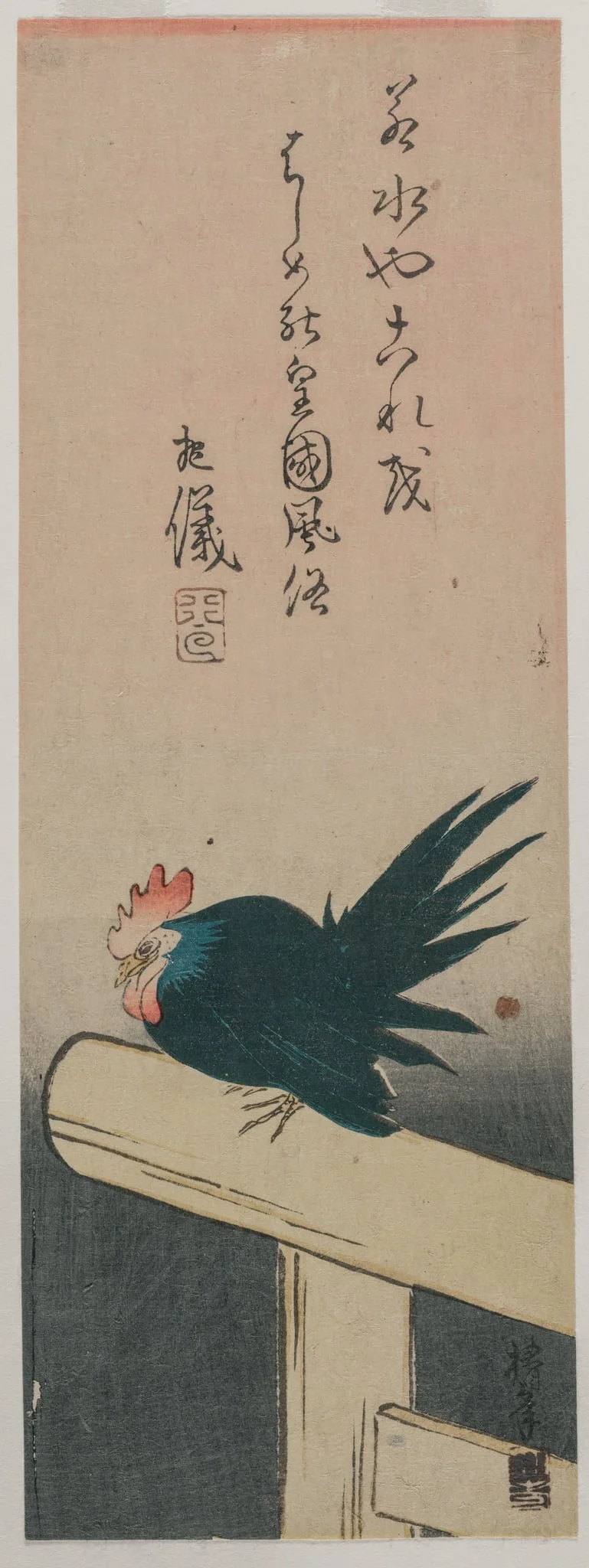 Green Rooster Perched on Torii (Shrine Gate), by Chinnen, 1834