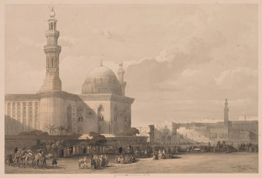 Egypt and Nubia:  Volume III–No. 38, Mosque of Sultan Hassan from the Great Square of the Rameyleh, by Louis Haghe, 1838