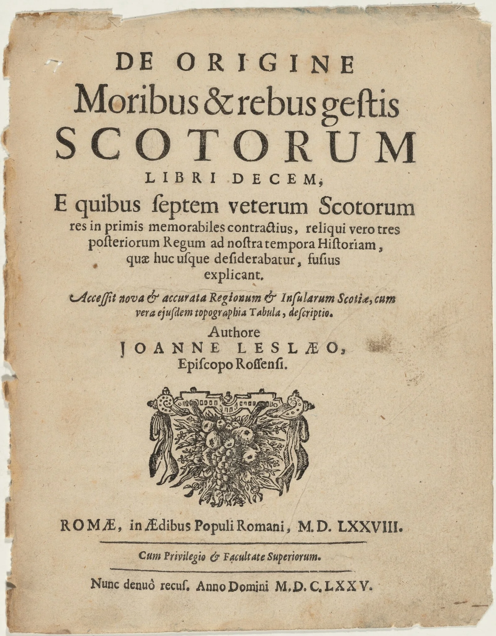 Title Page to De Origine Moribus by Joanne Leslaeo, by Unknown 19th Century, 1675