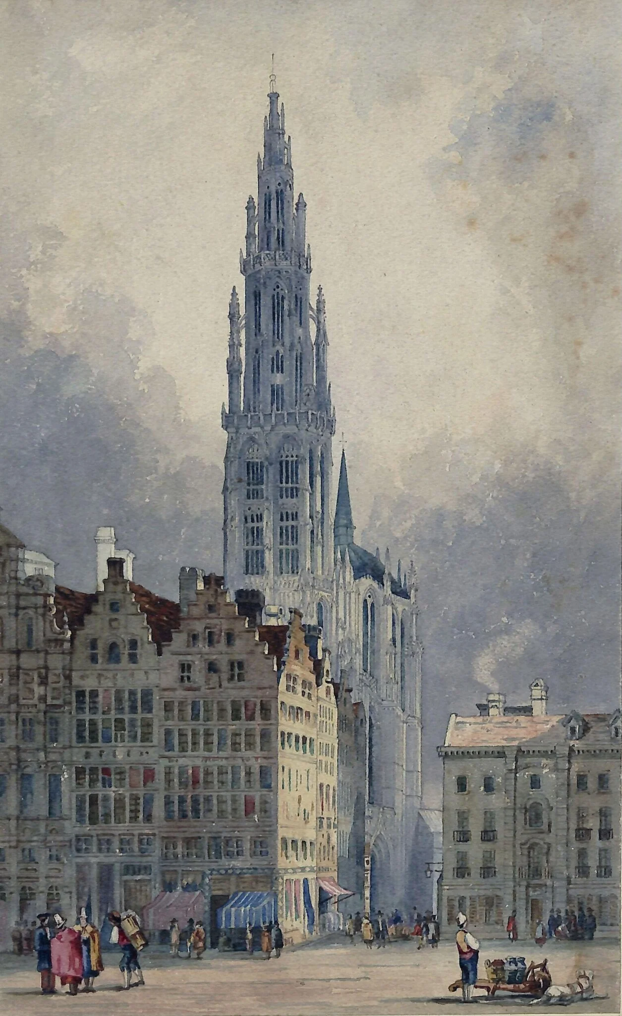 Cathedral Tower in Antwerp, by Unknown, watercolor, 1850