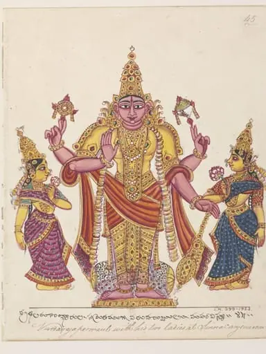 Vishnu as Varadarajaswami with his two 'shaktis', Shri Devi and Bhumi Devi.