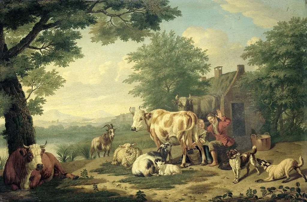 Rustic Scene with Woman Milking