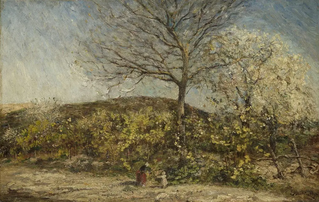 Landschap met bloeiende boomgaard