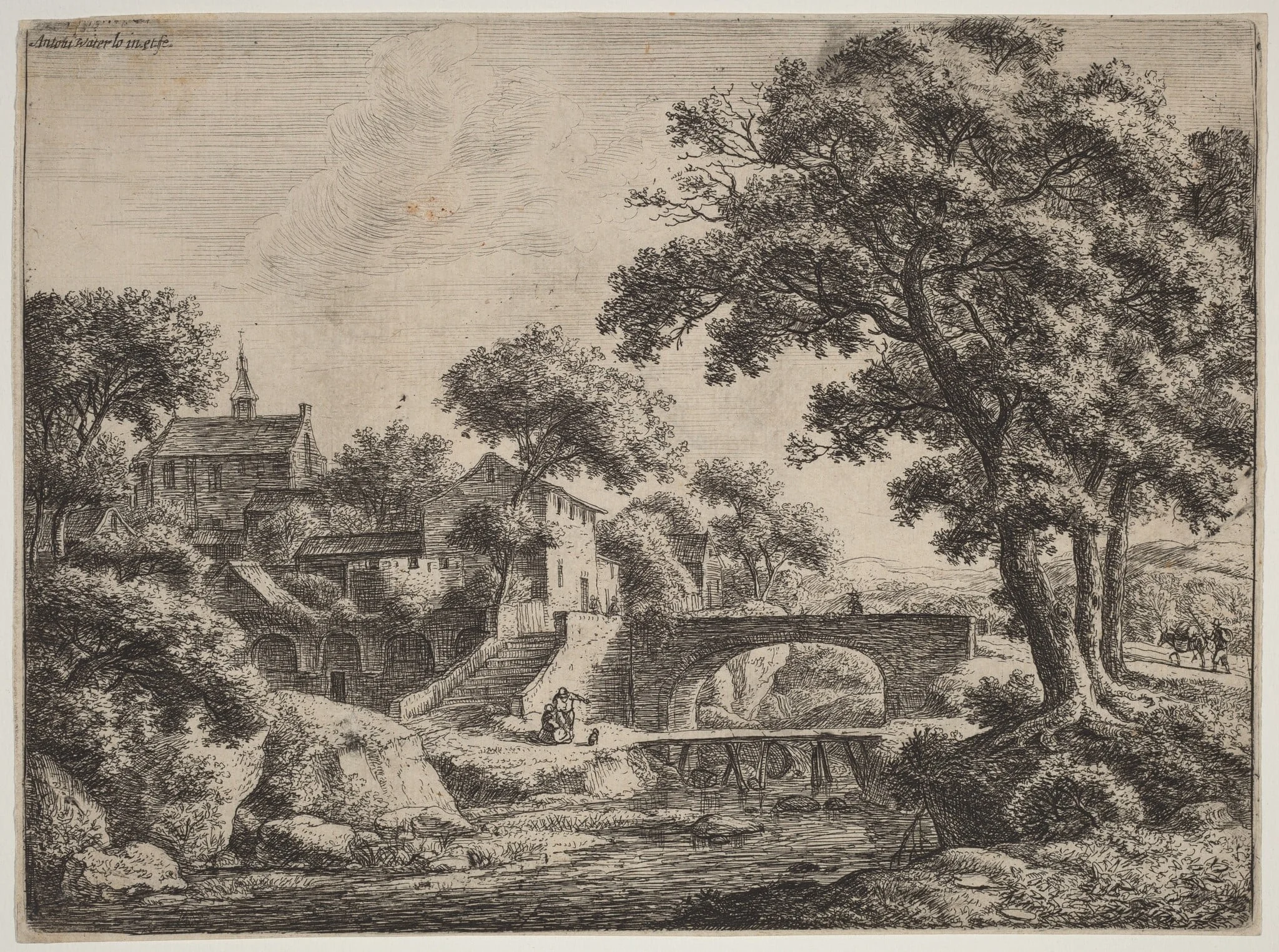 A Wooden and a Stone Bridge, by Antonie Waterloo, ink, 1650