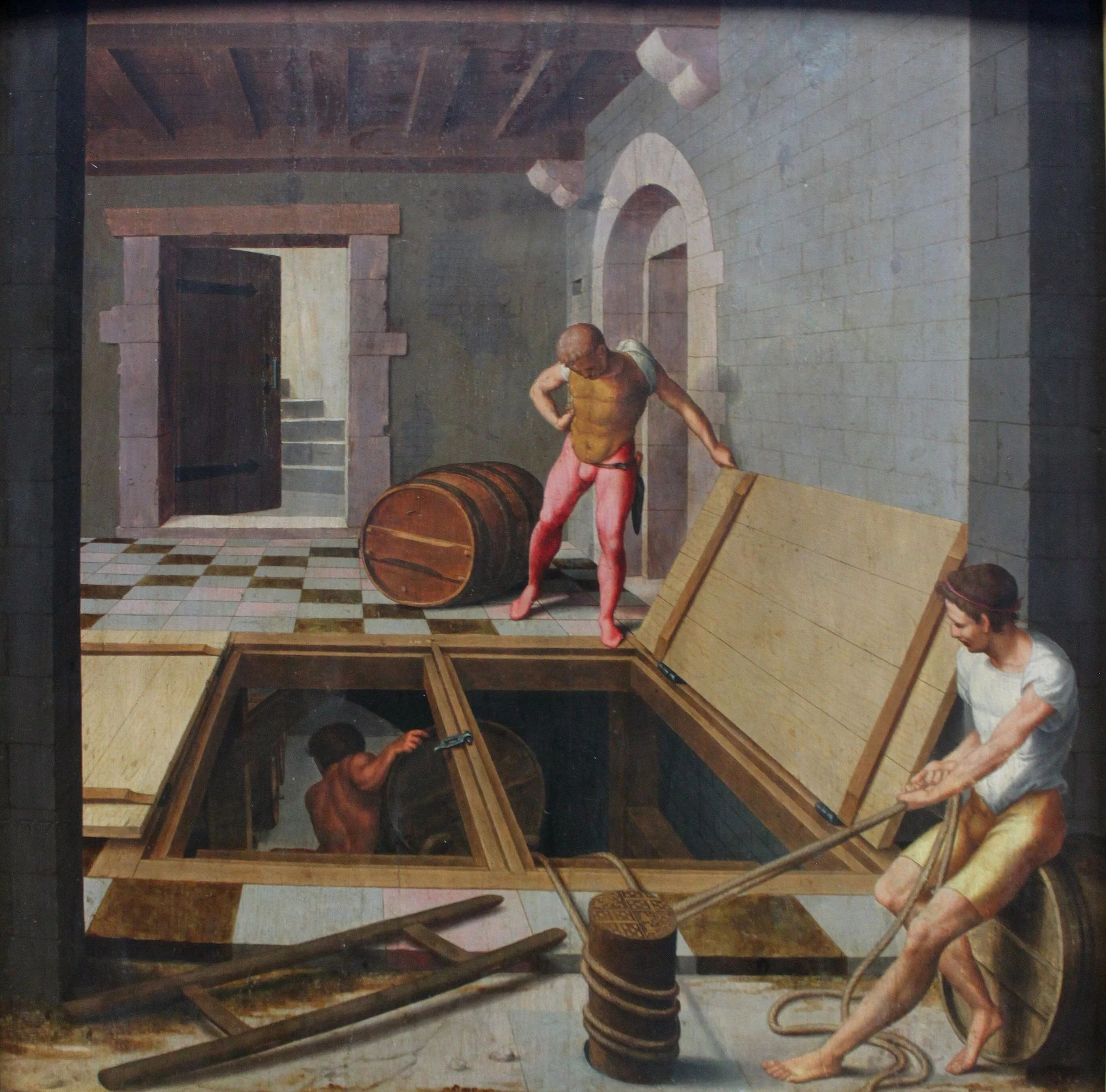 Scene in a Wine Cellar, by pseudo-Félix Chrétien Bartholomeus Pons, oil, 1537