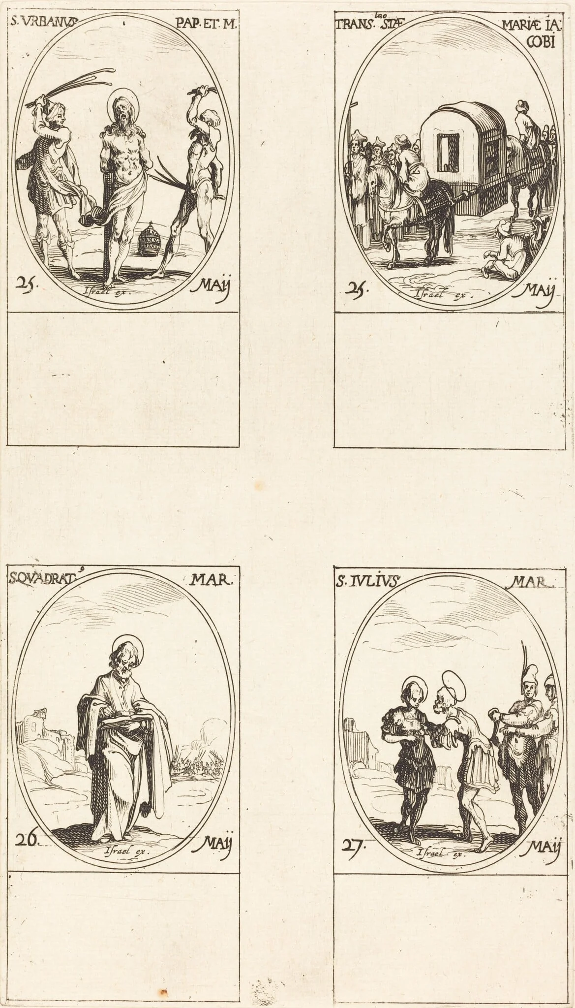St. Urban; The Translation of St. Mary of James; St. Quadrat; St. Julius, by Jacques Callot, ink, 1634