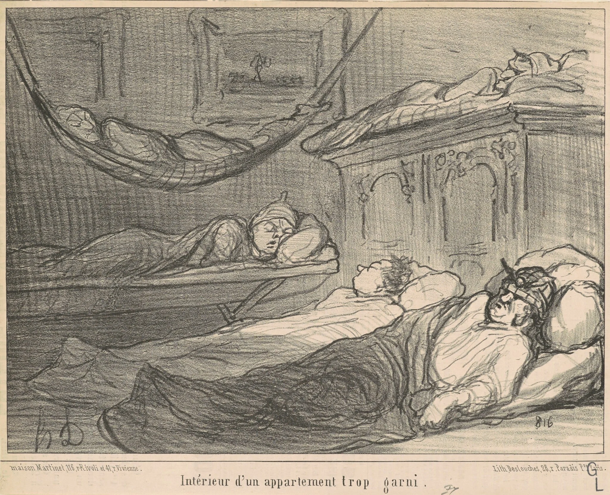 L'Interieur d'un appartement trop garni..., by Honoré Daumier, ink, 1855