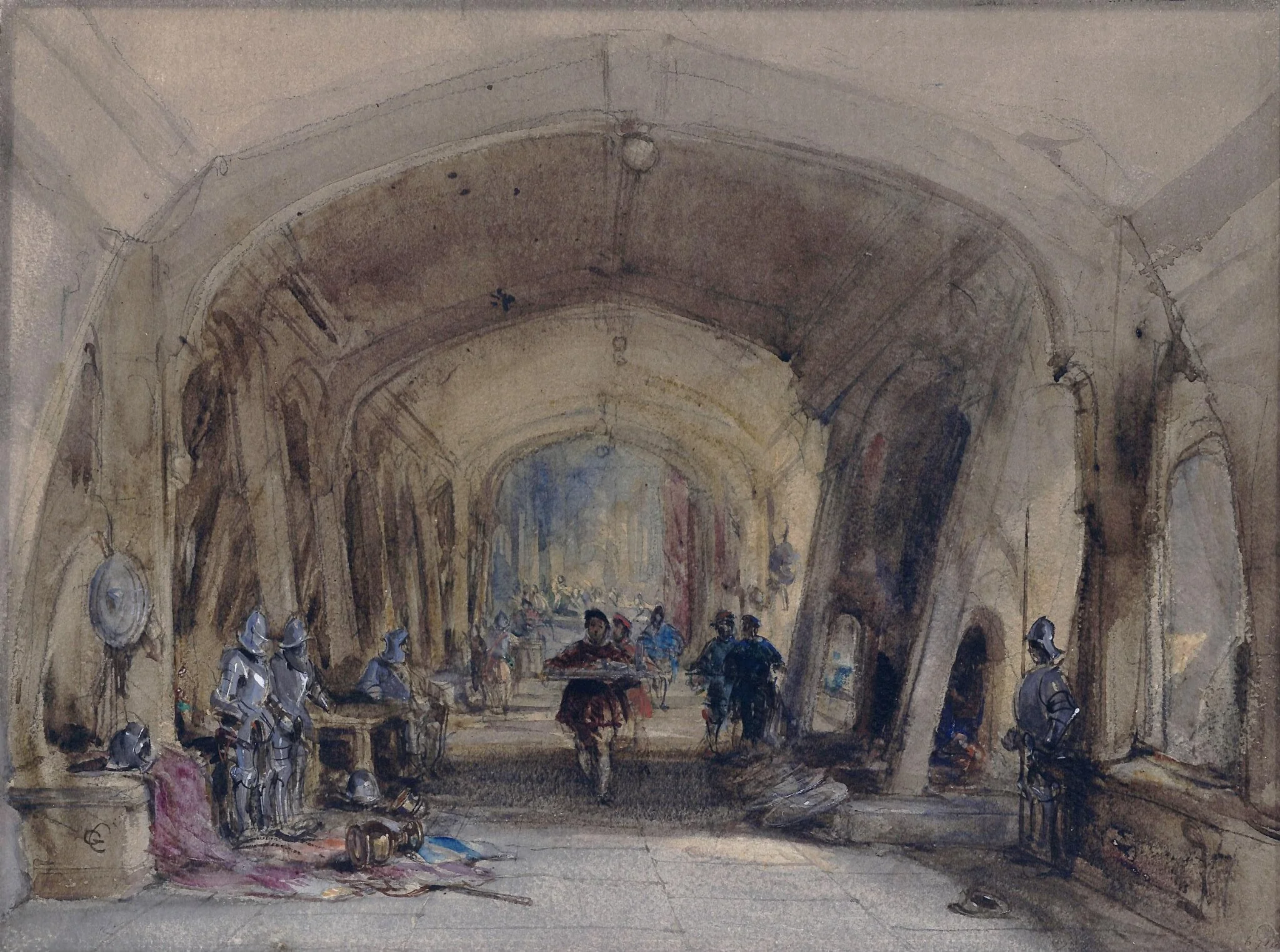 Interior of a baronial hall, by George Cattermole, watercolor, 1825