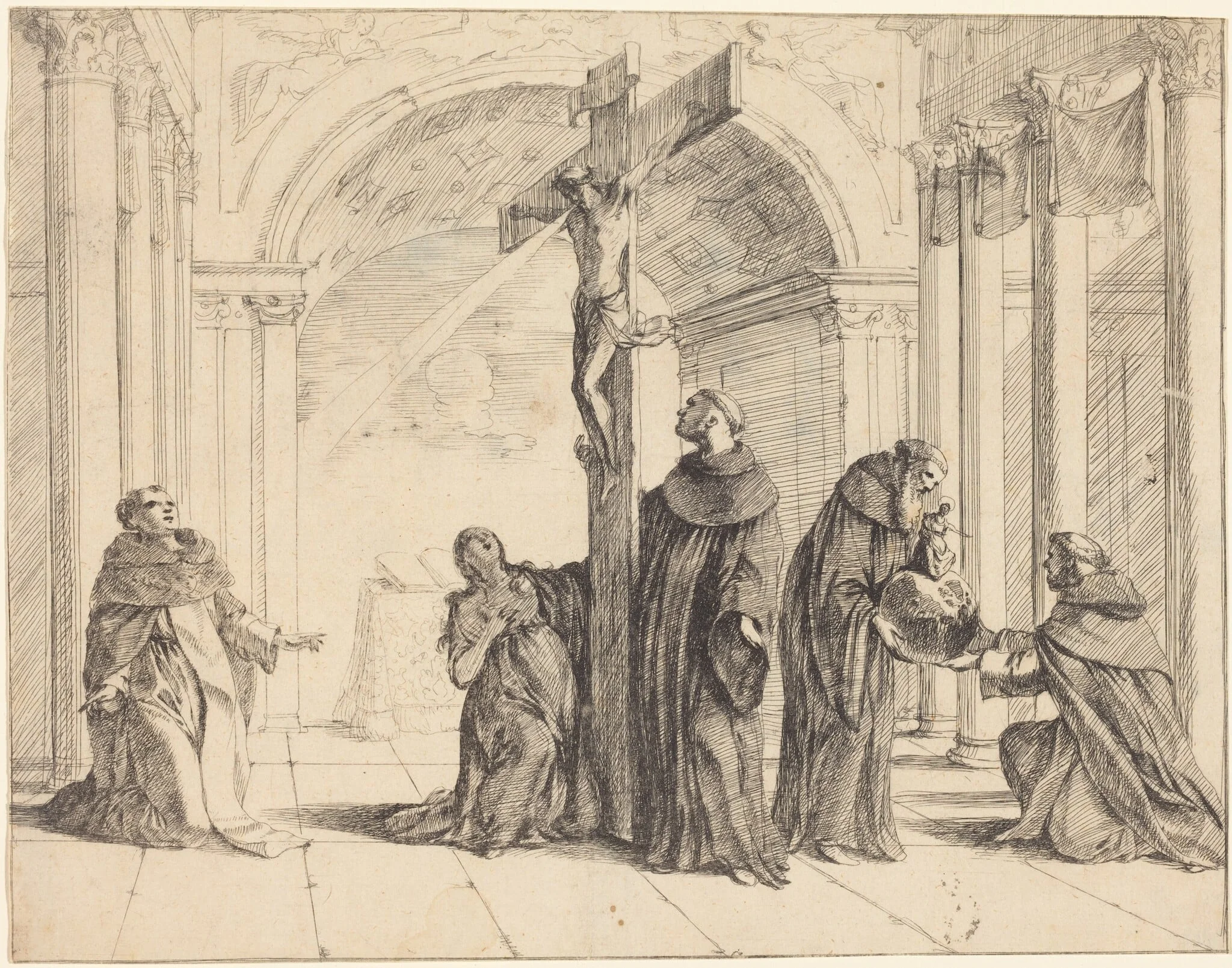 A Crucifix in a Church with Saints Thomas Aquinas, Mary Magdalene, Albertus Magnus, and Others, by Johann Heinrich Schönfeld, ink, 1655