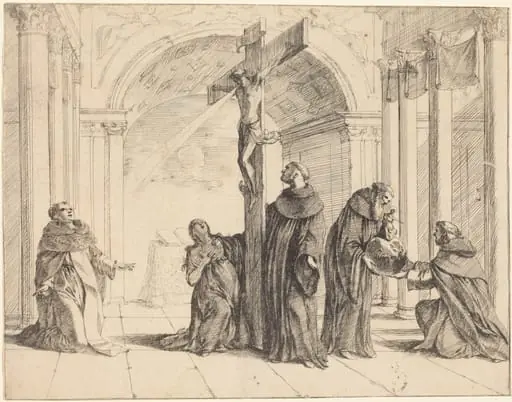 A Crucifix in a Church with Saints Thomas Aquinas, Mary Magdalene, Albertus Magnus, and Others