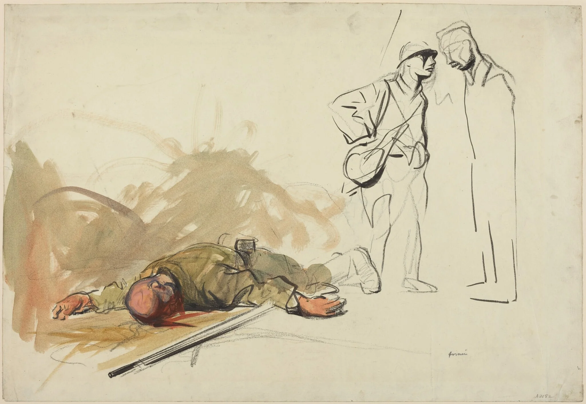 a) Dead German Soldier (recto); b) Head of a Soldier (verso), by Jean-Louis Forain, ink, 1916