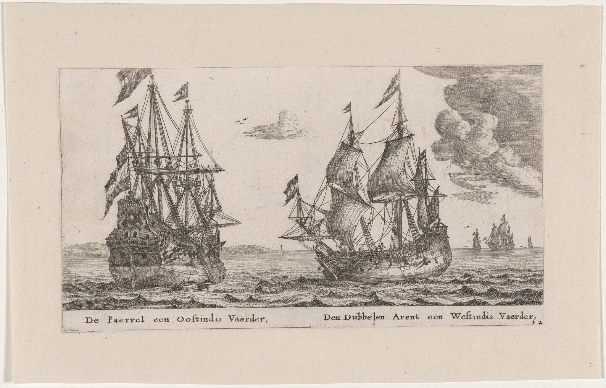 The "Parel" (Pearl), an East Indiaman and the "Dubbele Arent" (Spread Eagle), a West Indiaman, by Nooms, called Zeeman, Reinier, ink, 1653