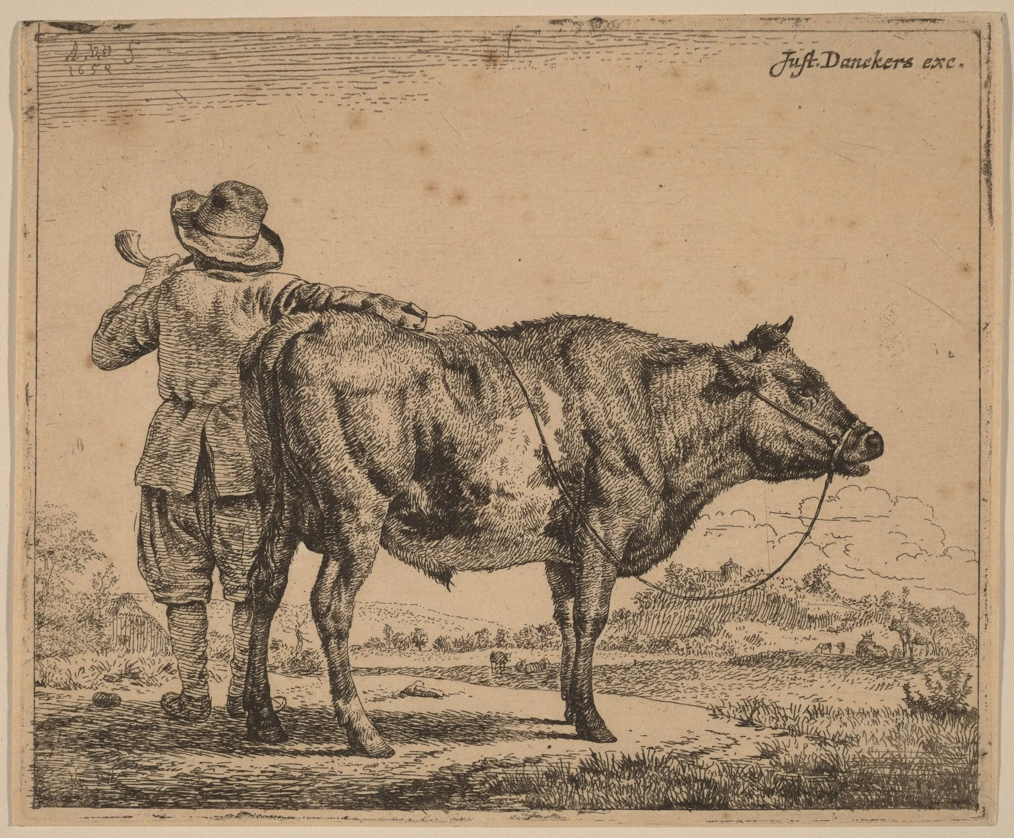 Young Herdsman with a Bull, by Adriaen van de Velde, ink, 1659