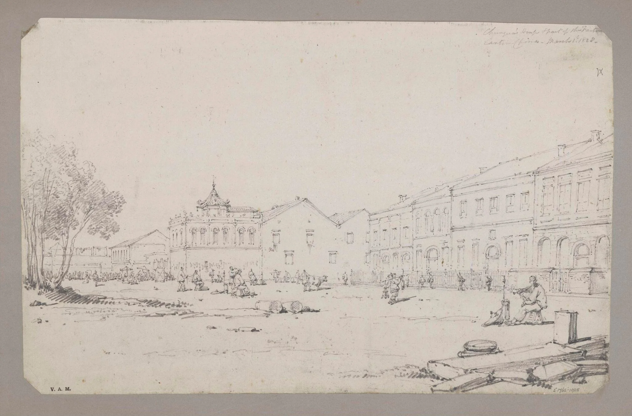 Chinqua's House & part of the Factories, Canton, China. March 1st 1828