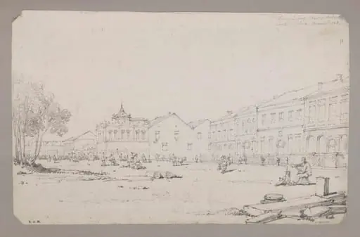 Chinqua's House & part of the Factories, Canton, China. March 1st 1828
