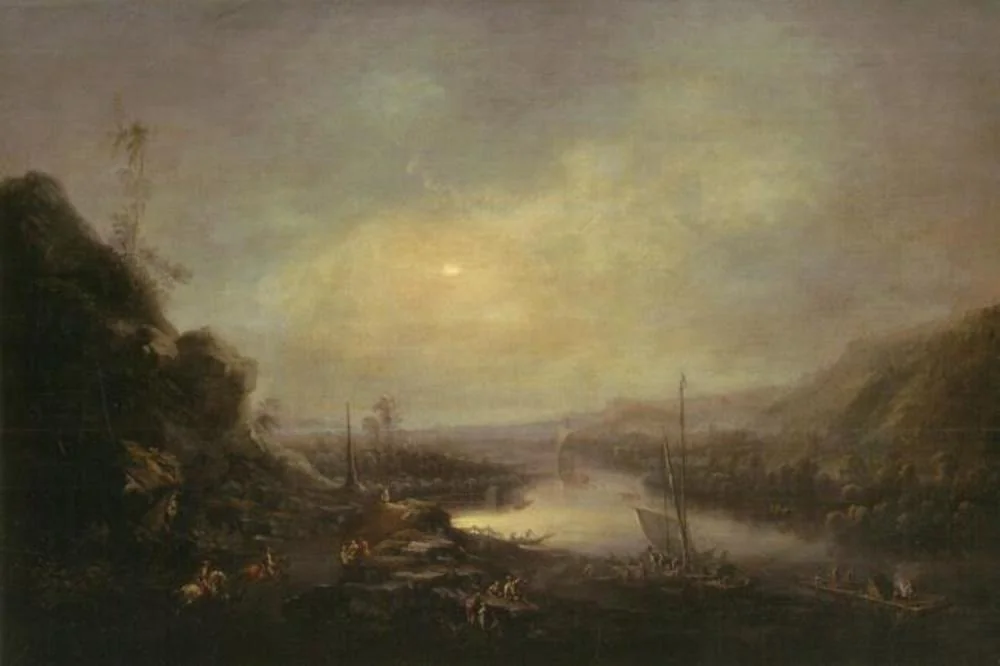 View of the river Elbe at Sörnenwitz with the sun rising in the frosty morning
