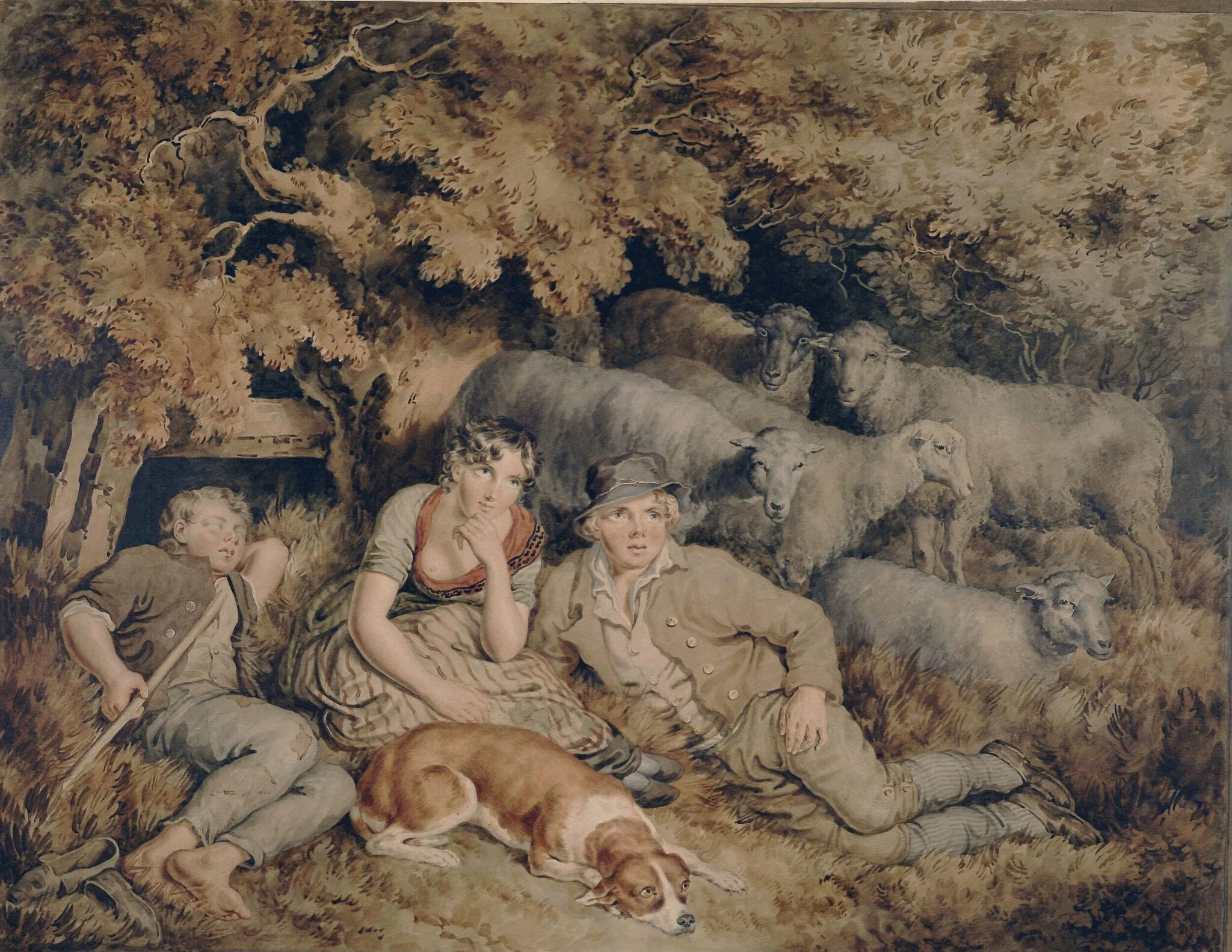 Noontide: three children with sheep, by George Grattan, watercolor, 1850