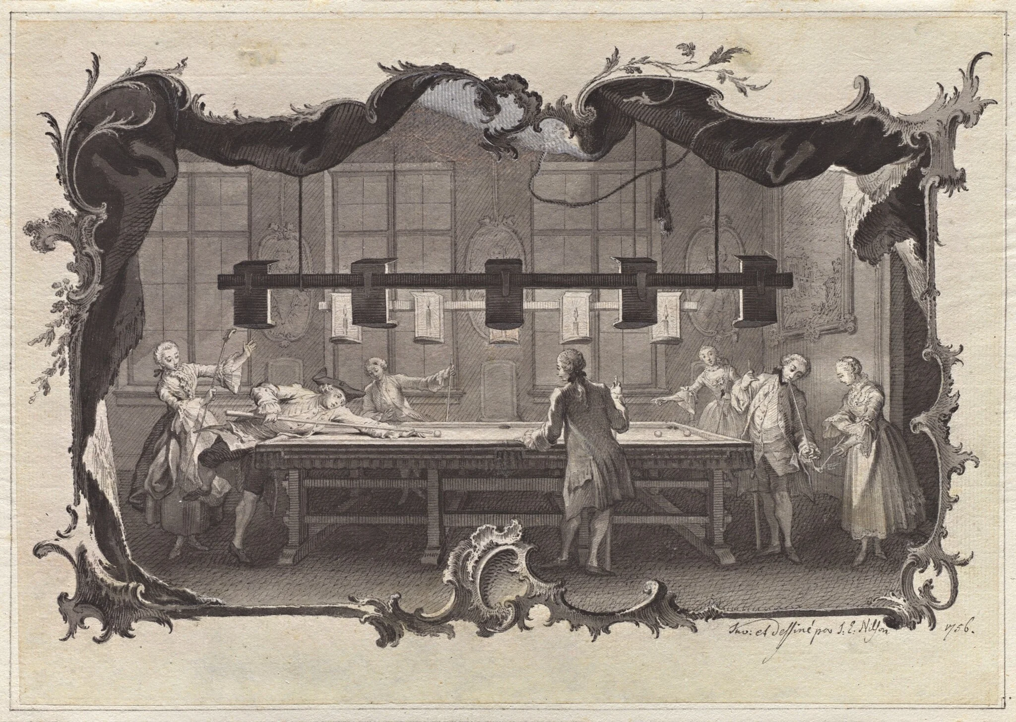 Ladies and Gentlemen Playing Billiards, by Johann Esaias Nilson, ink, 1756