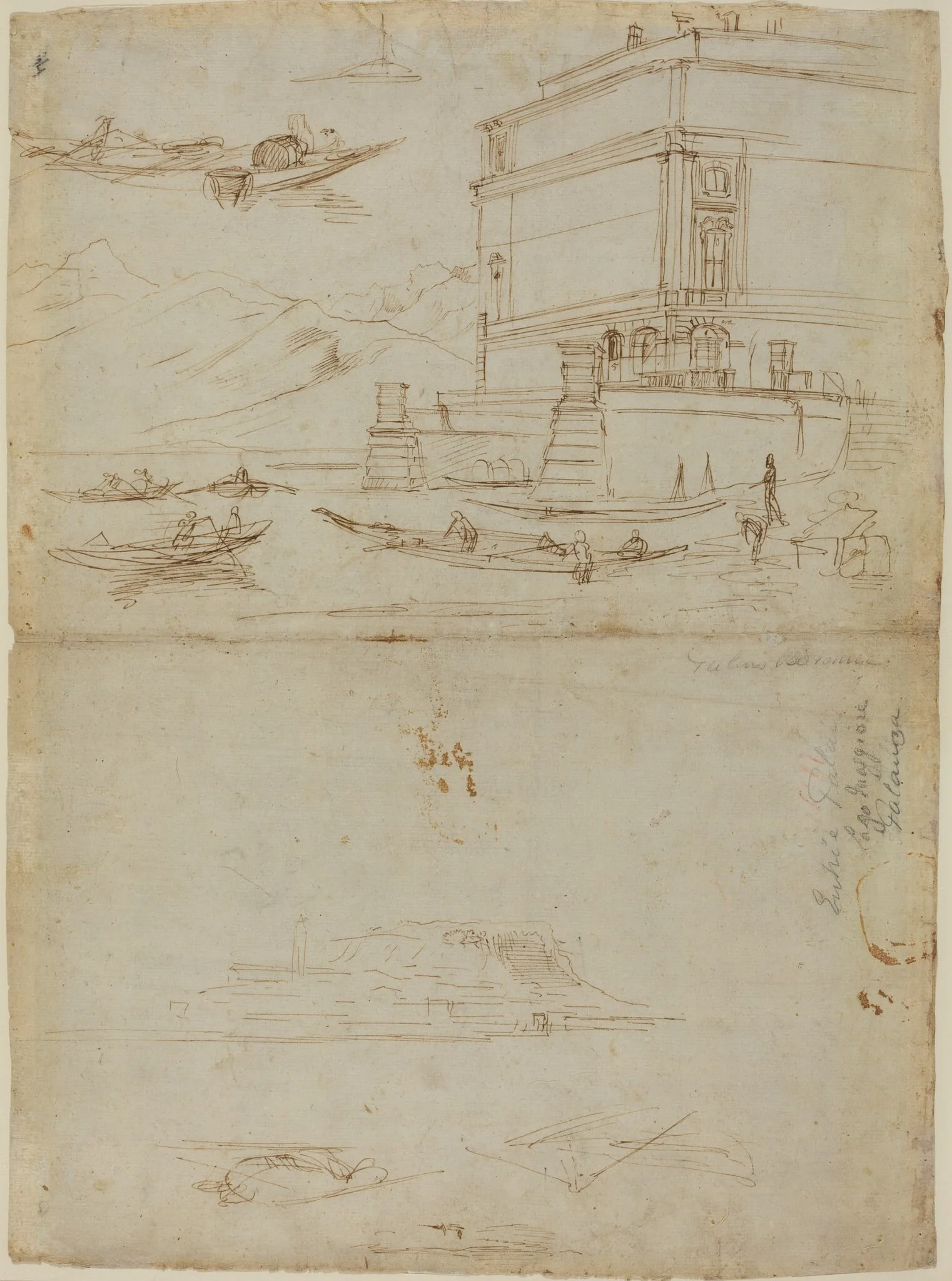 Studies of Lago Maggiore and and the Entrance to a Palazzo, by Gaspar van Wittel, ink, 1700