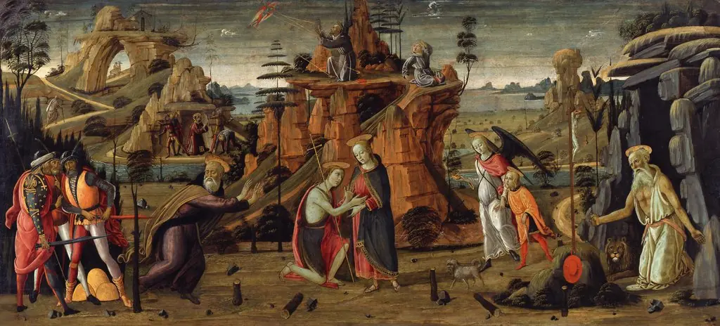 Landscape with biblical scenes and scenes from the legends of saints