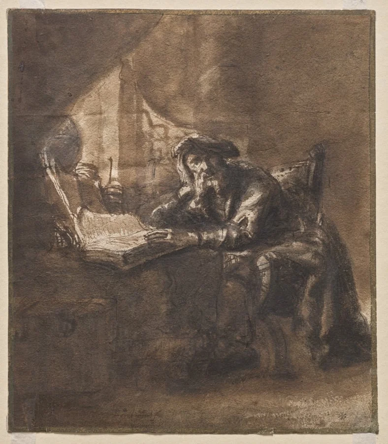 An Old Man Seated at a Table, His Head Resting on His Right Hand (recto), by Ferdinand Bol, 1634