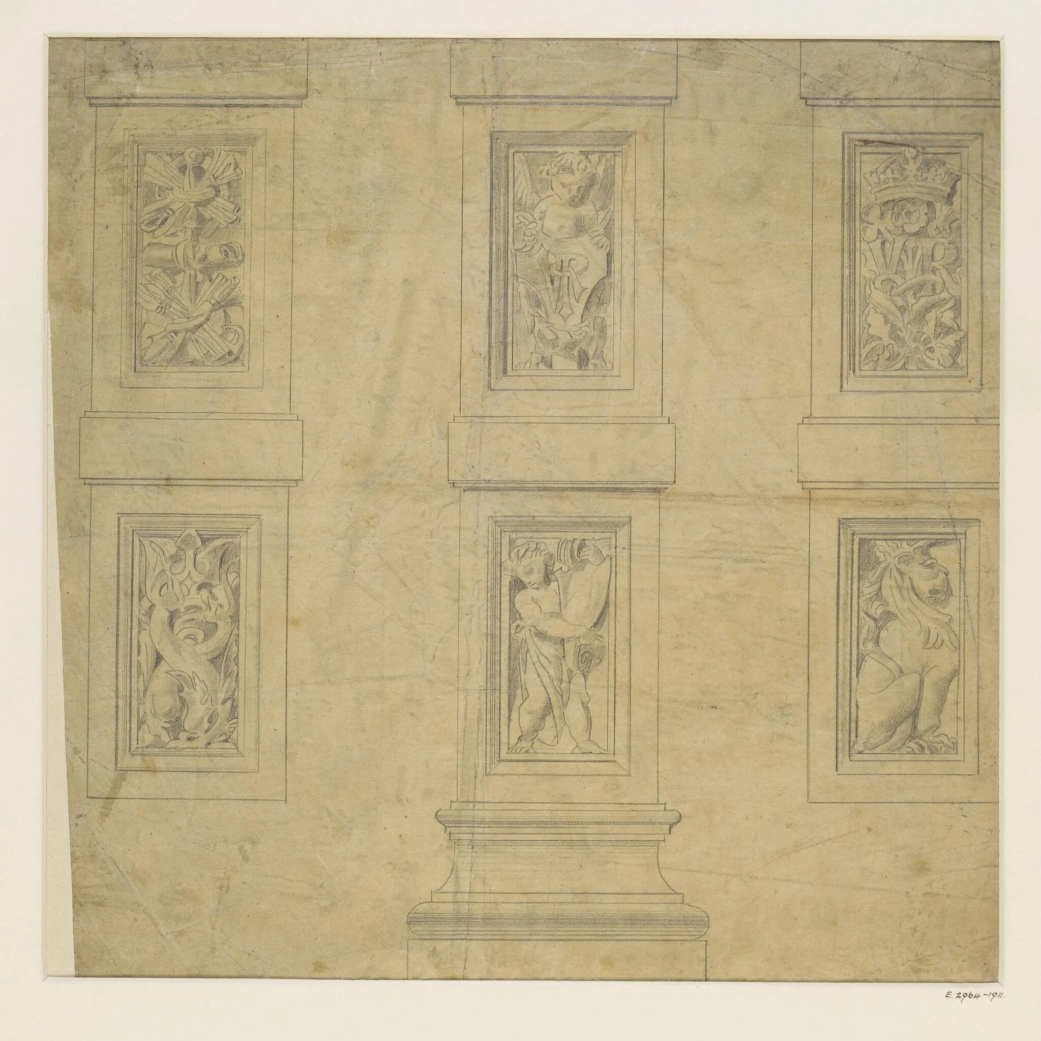 Design for terracotta decoration of the quadrangle, by Townroe
