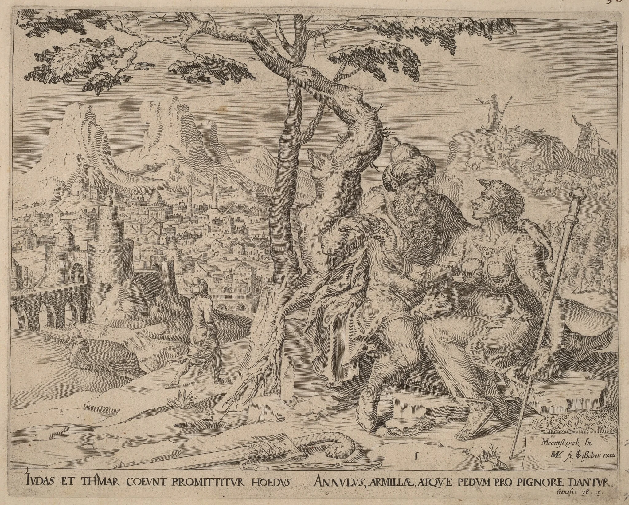 Judah  Giving Tamar the Pledge, by Herman Jansz Muller, ink, 1566