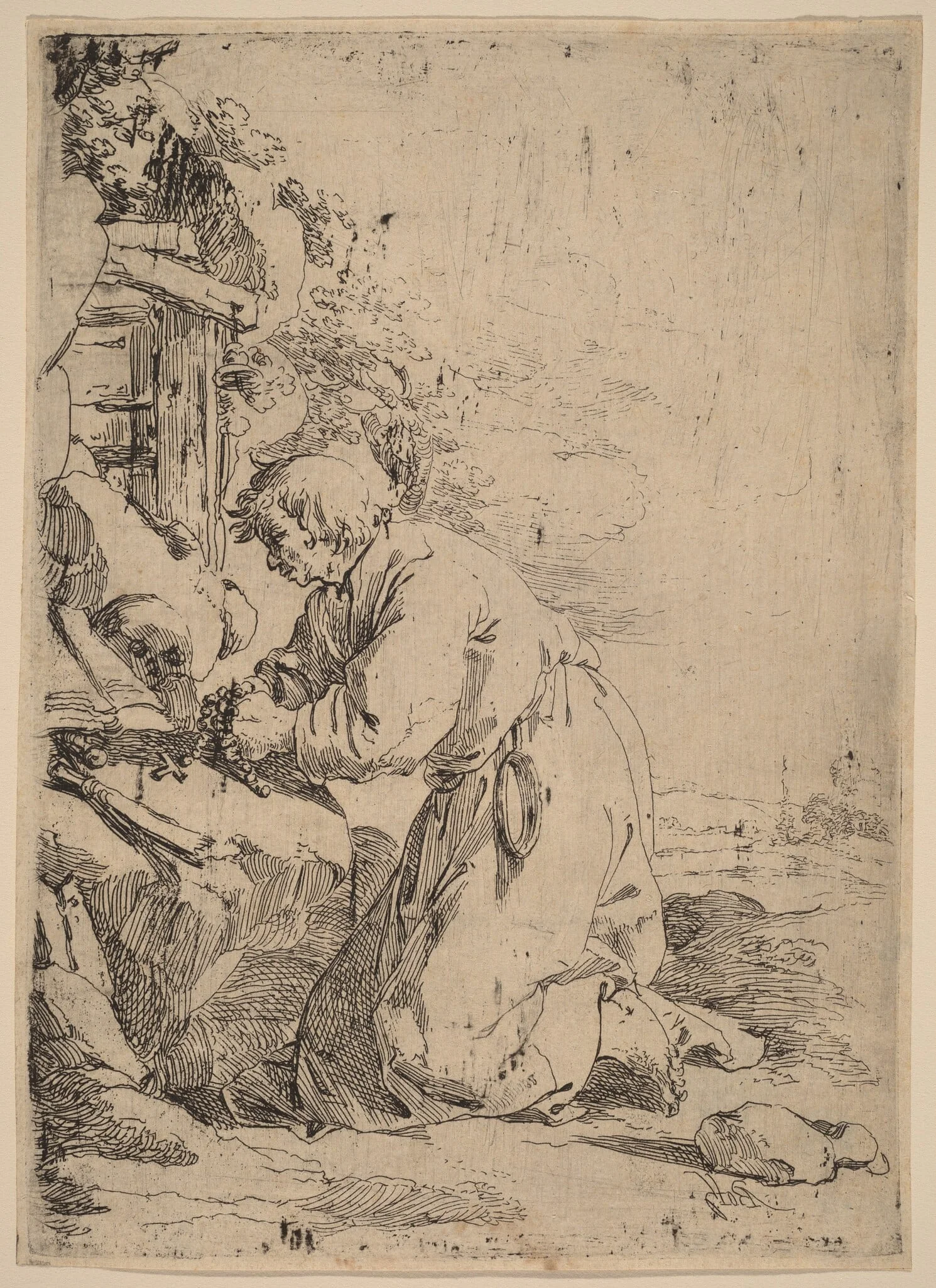 The Kneeling Hermit Facing Left, by Andries Both, ink, 1626