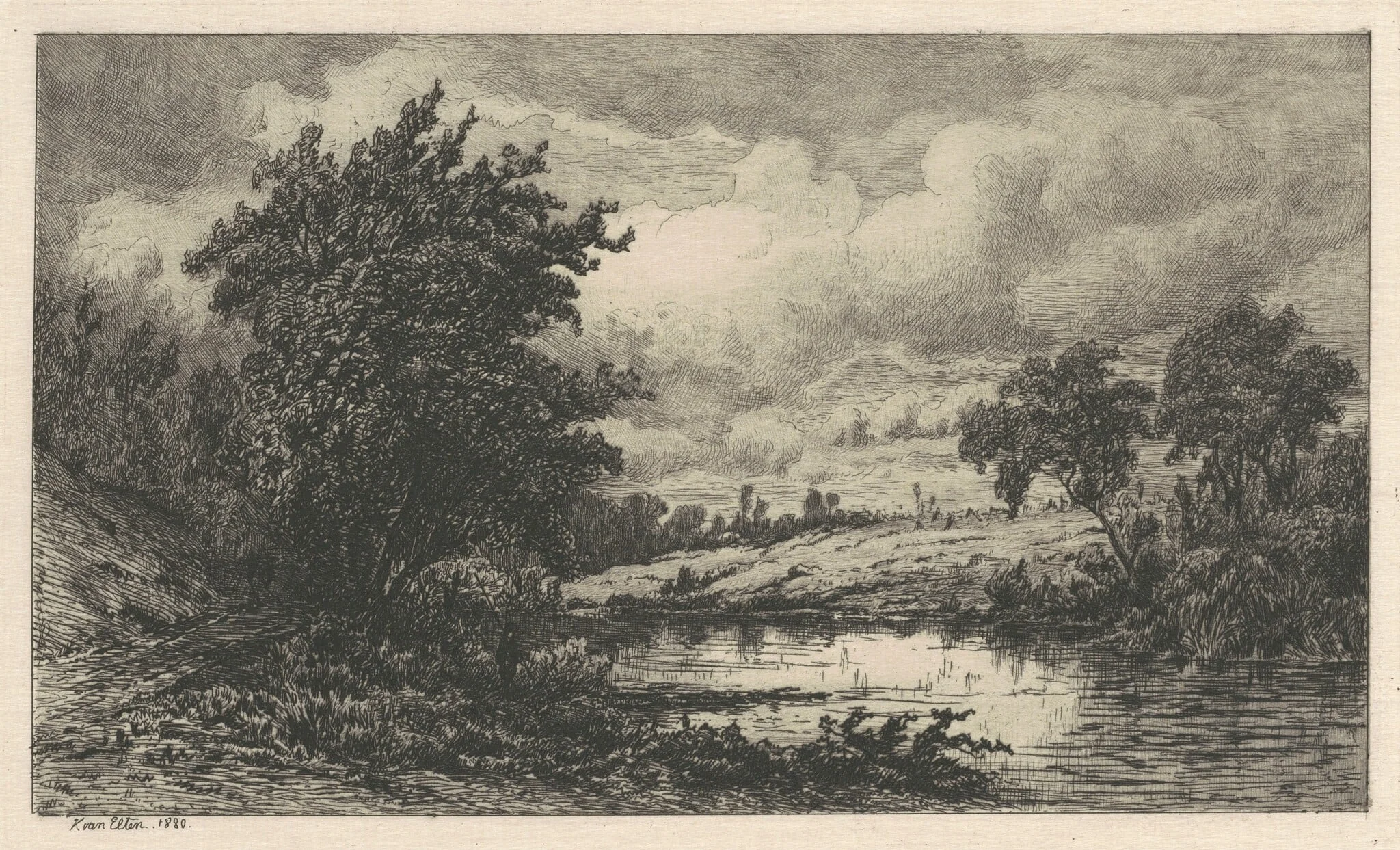 On the Shepang River, Connecticut, by Hendrick Dirk Kruseman Van Elten, ink, 1880
