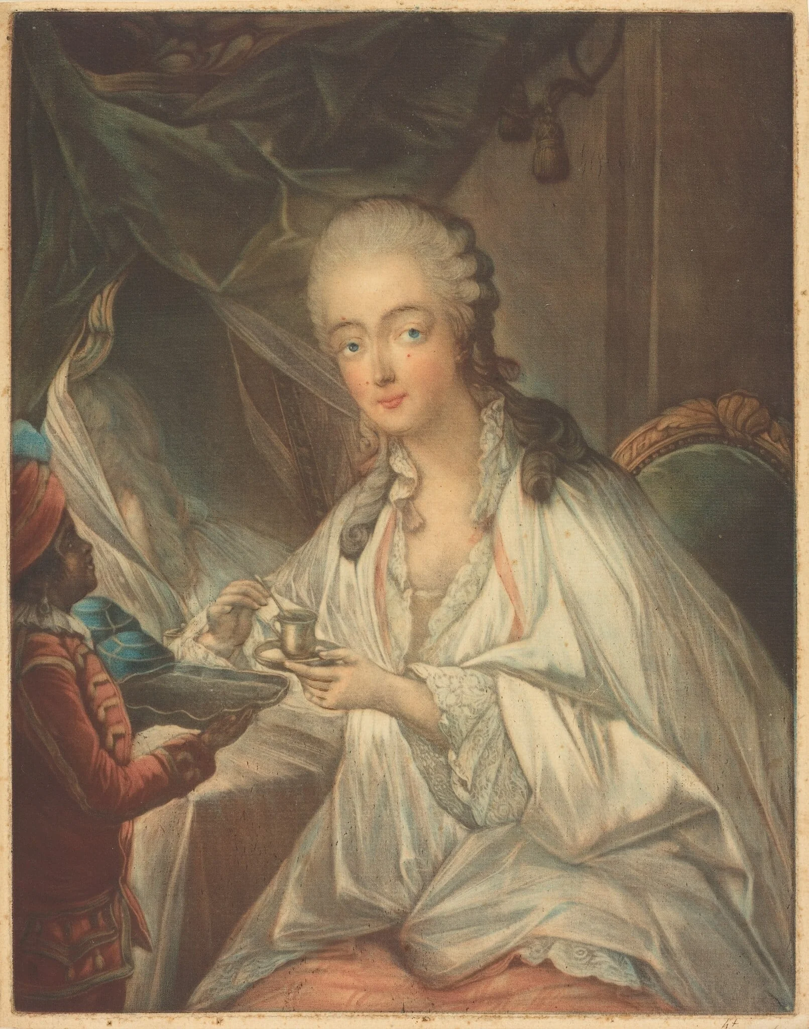 Jeanne Bécu, Comtesse Du Barry, Being Offered a Cup of Coffee by Zamor, by Jean-Baptiste André Gautier-Dagoty, ink, 1771