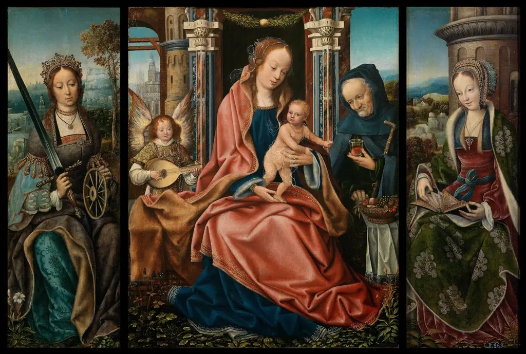 The Holy Family with a Musician Angel Saints Catherine and Barbara