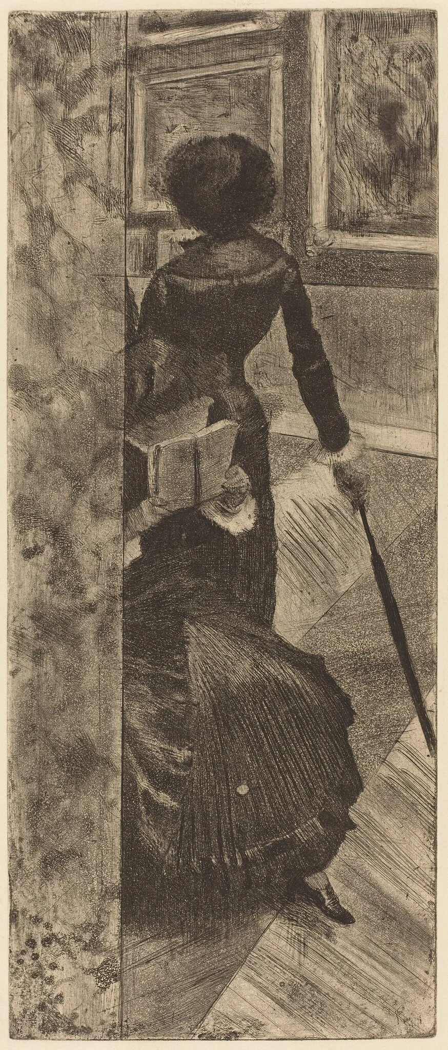 Mary Cassatt at the Louvre: The Paintings Gallery, by Edgar Degas, ink, 1880