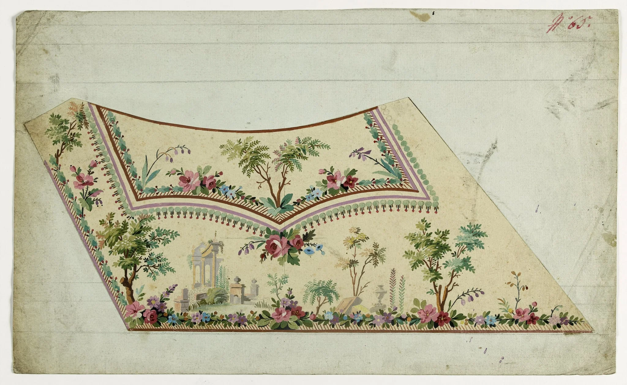 Gilet décor paysage architecture antique, projets de broderies de gilet, XVIIIème siècle, by Anonyme, 1780