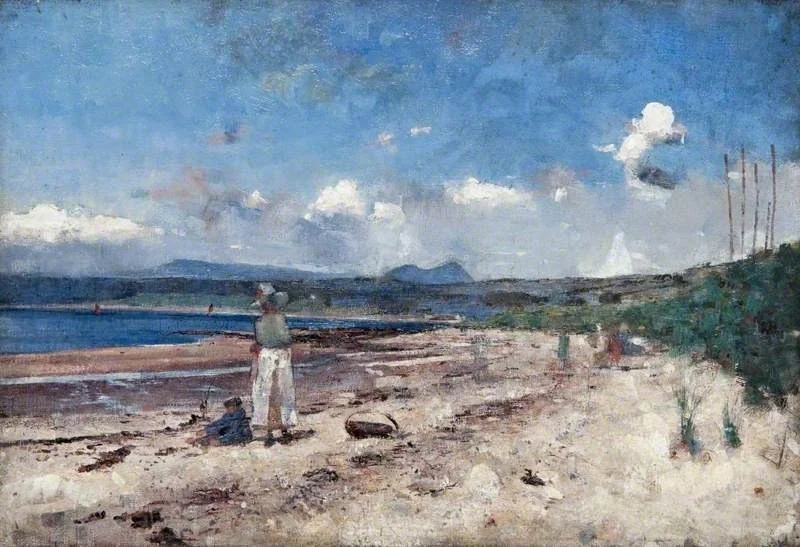 Seascape with Two Figures on a Beach and Two Boats in a Bay, by John Quinton Pringle, oil, 1903