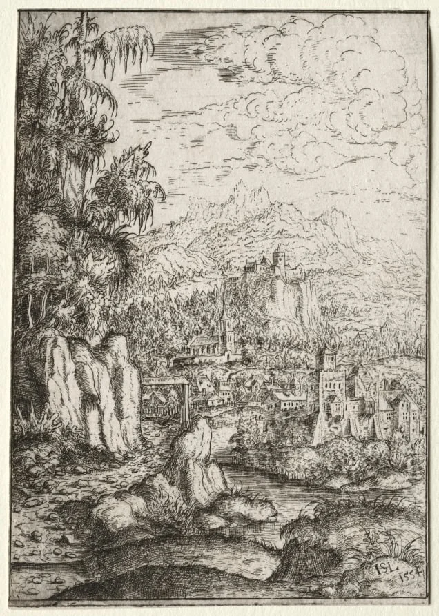 Landscape with a Road to a Castle on an Island in a River, by Hanns Lautensack, 1554