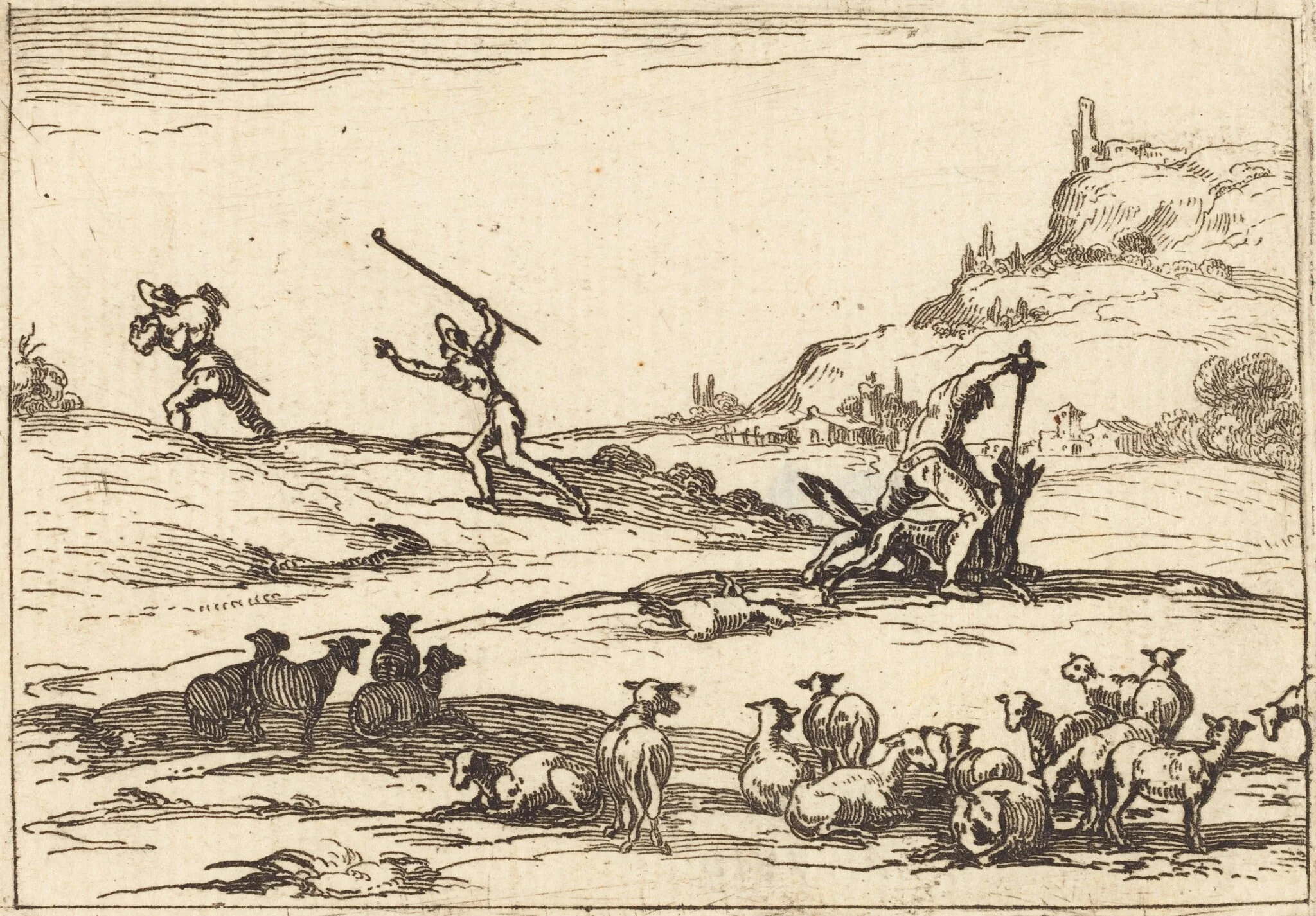 Shepherds Defending their Herds, by Jacques Callot, ink, 1628