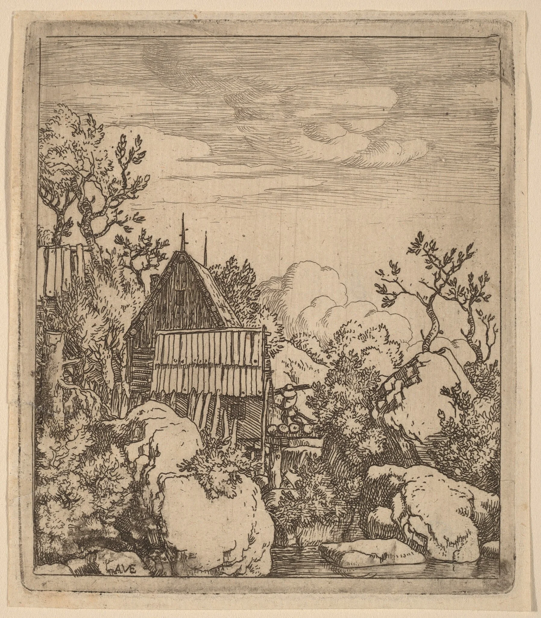 Man on a Small Wooden Bridge, by Allart van Everdingen, ink, 1650