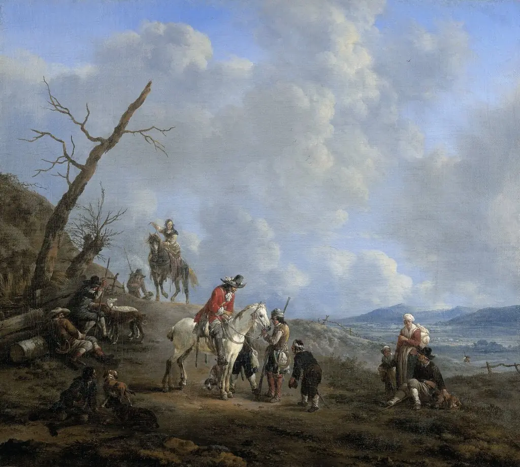 Landscape with riders, hunsters and peasants