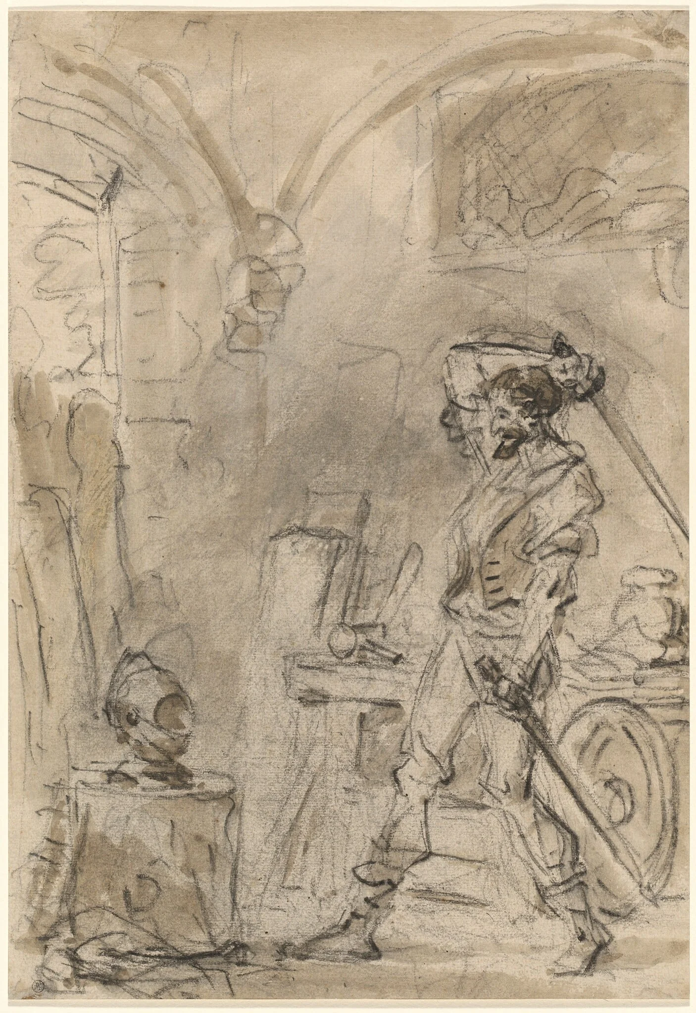 Don Quixote about to Strike the Helmet, by Jean Honoré Fragonard, charcoal, 1784