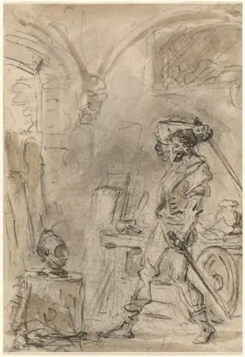 Don Quixote about to Strike the Helmet