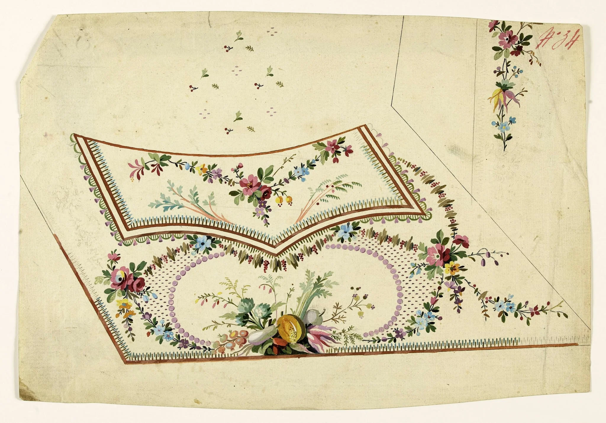 Trophée de fruits et légumes, guirlandes de fleurs et de pampres et frises de perles mauves, projets de broderies de gilet, XVIIIème siècle, by Anonyme, 1750