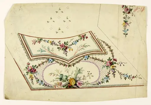 Trophée de fruits et légumes, guirlandes de fleurs et de pampres et frises de perles mauves, projets de broderies de gilet, XVIIIème siècle
