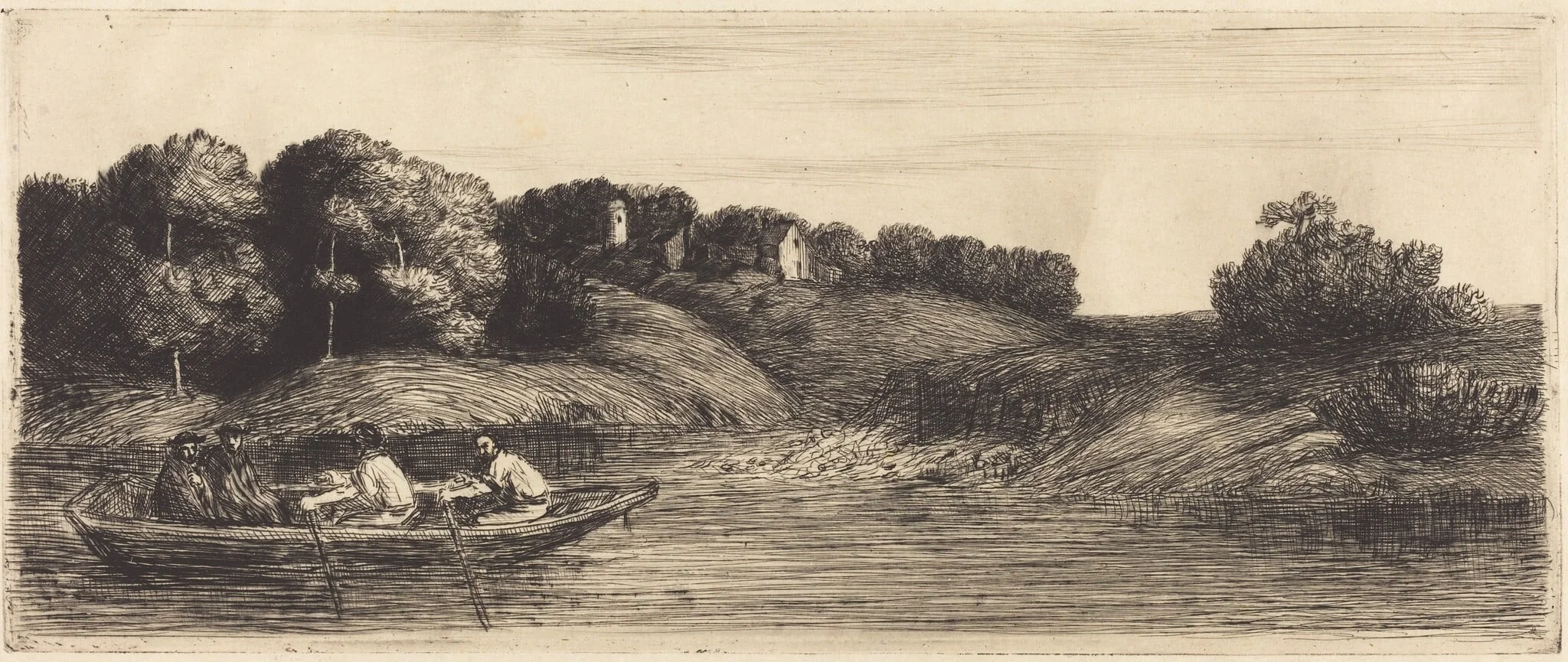 Landscape with Boat, 1st plate  (Le paysage au bateau), by Alphonse Legros, ink, 1874