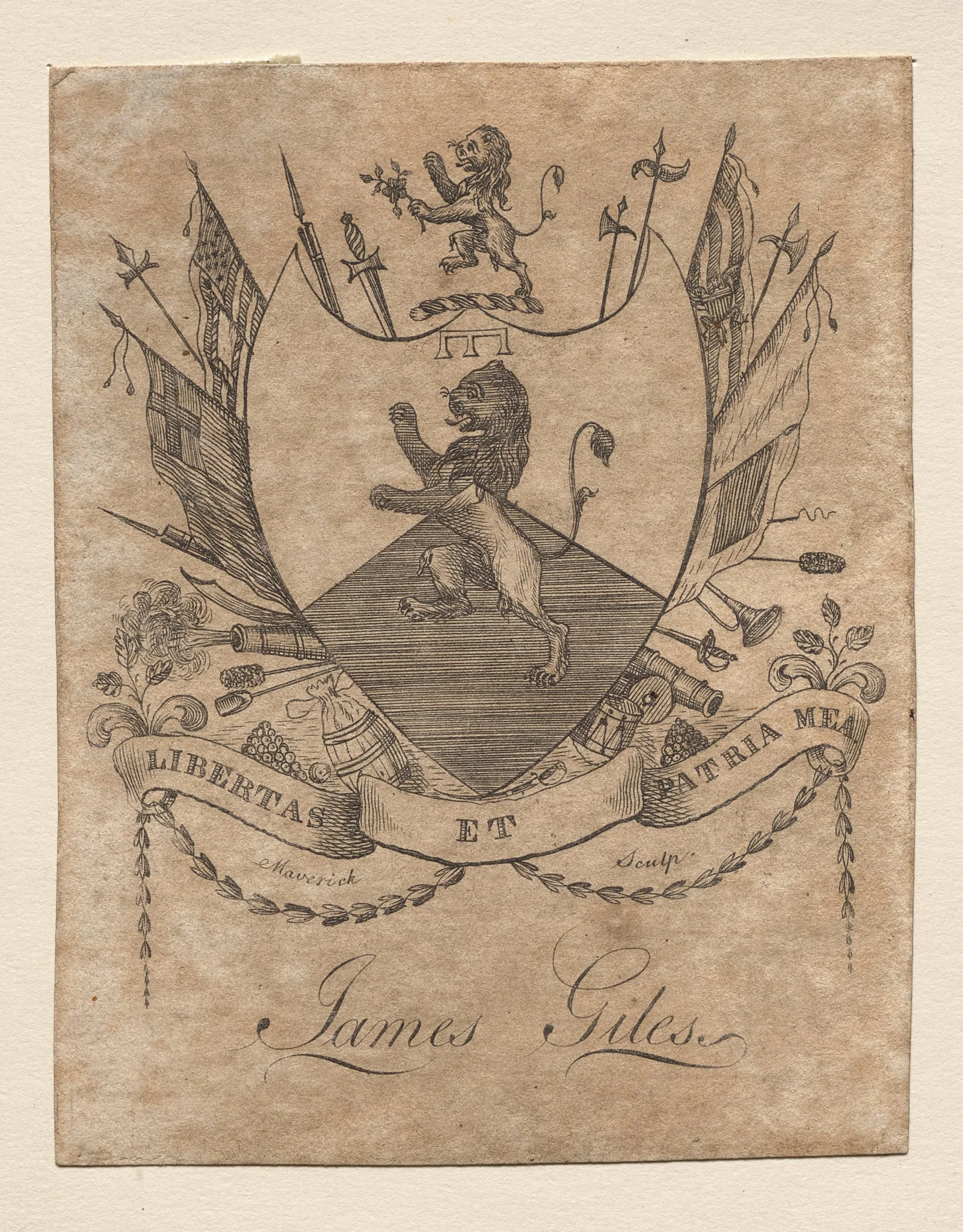 Bookplate:  Coat of Arms with James Giles inscribed below, by Peter Rushton Maverick, 1793