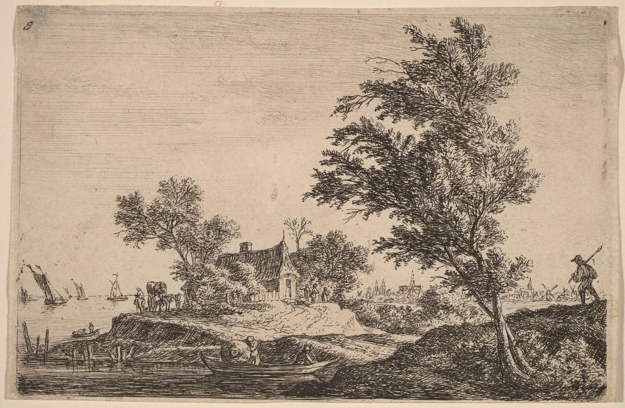Traveler Passing Two Large Trees