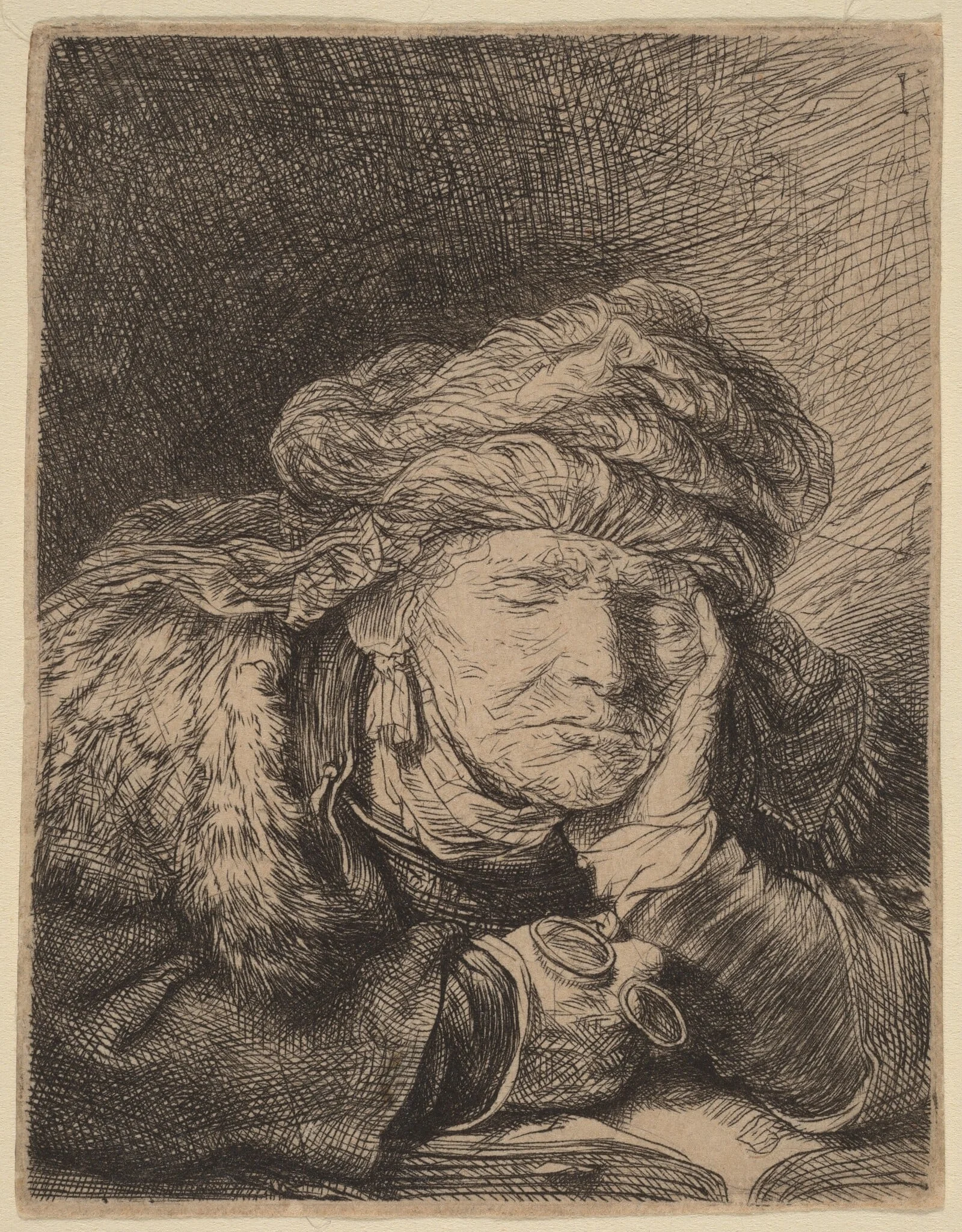 Old Woman Sleeping, by Rembrandt, ink, 1636